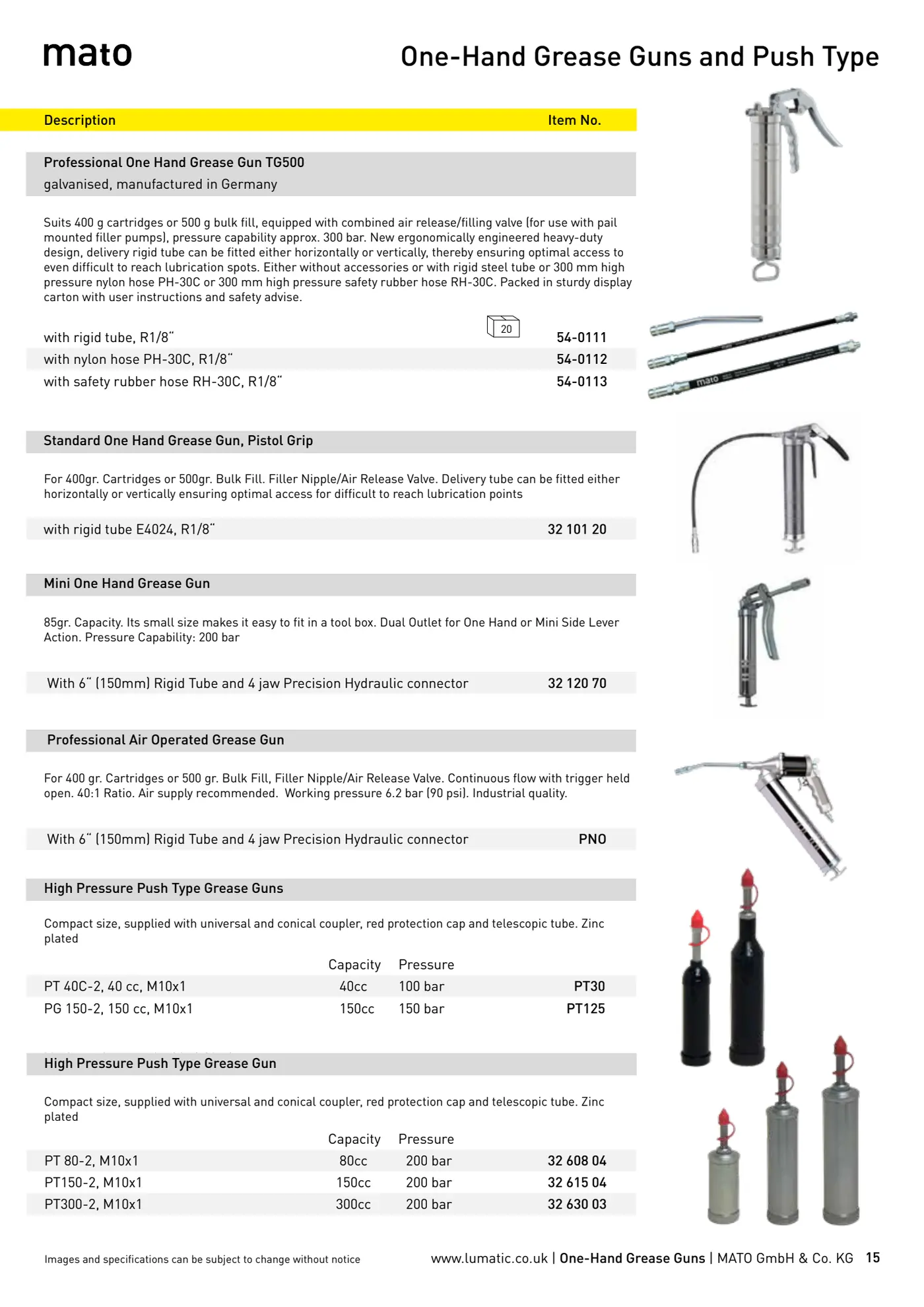 Catalogue page 15: One-Hand Grease Guns and Push Type