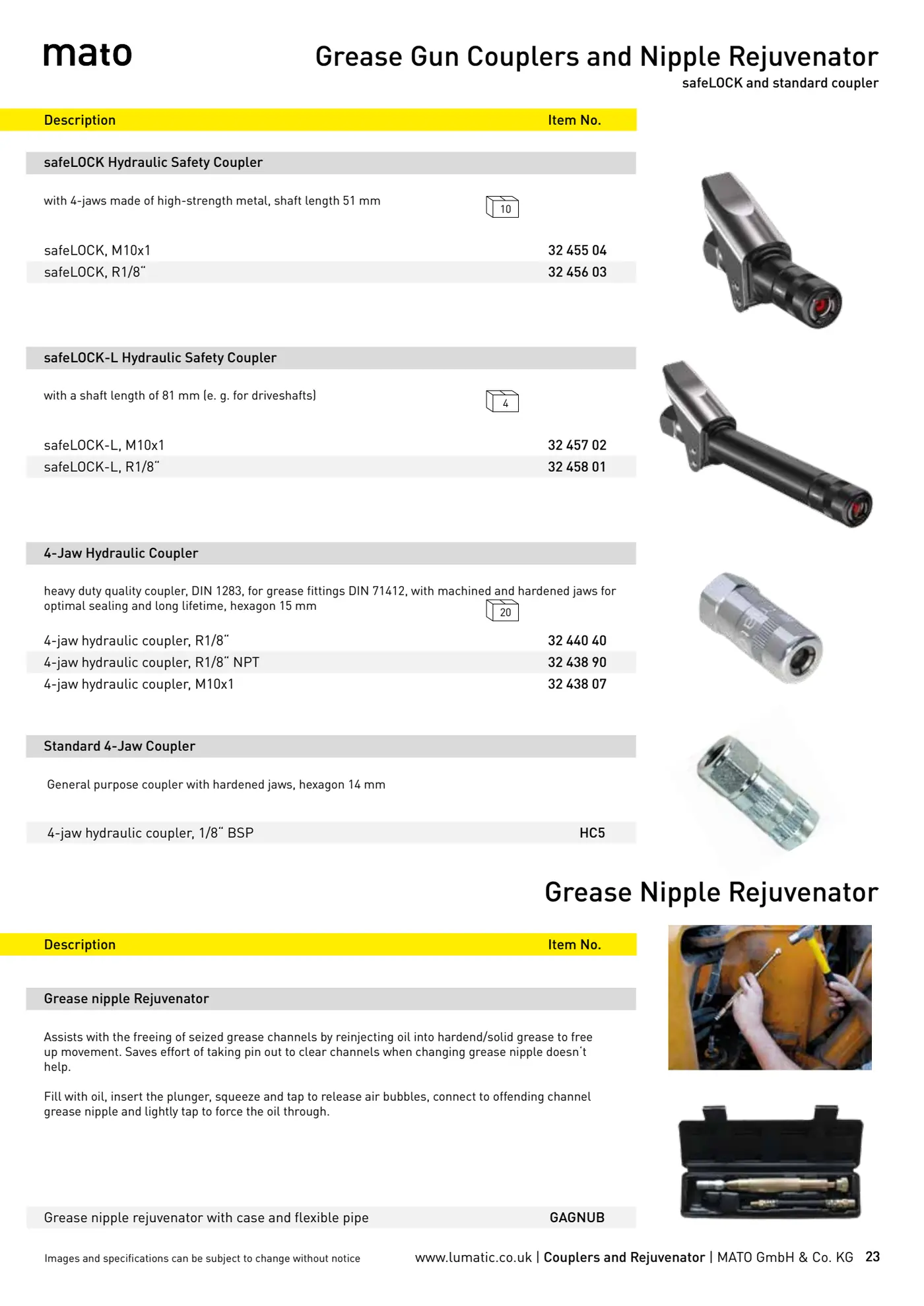 Catalogue page 23: Grease Gun Couplers and Nipple Rejuvenator