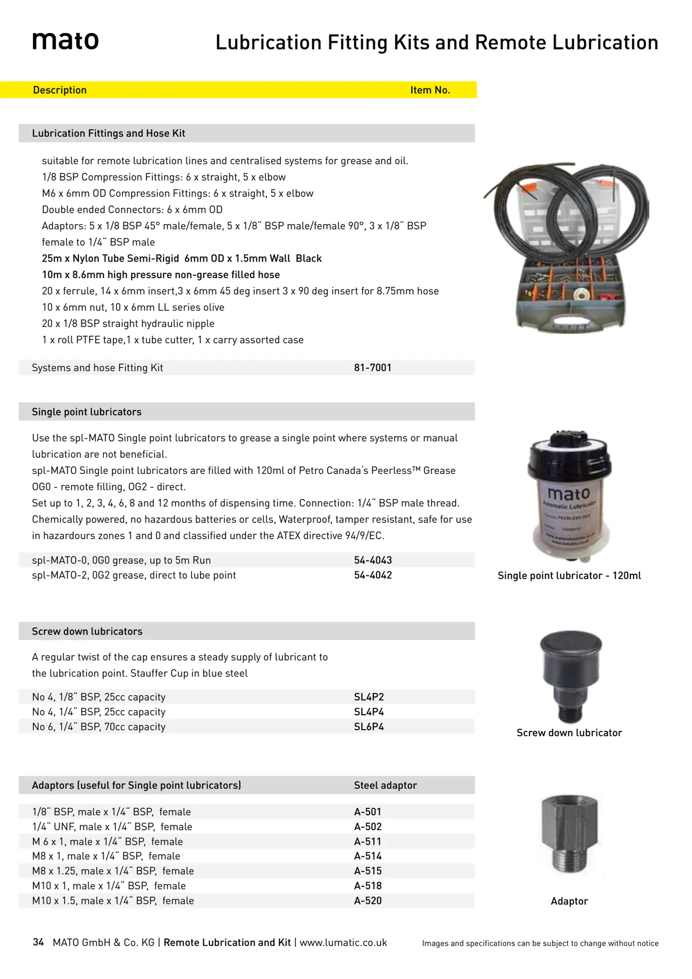 Catalogue page 34: Lubrication Fitting Kits and Remote Lubrication