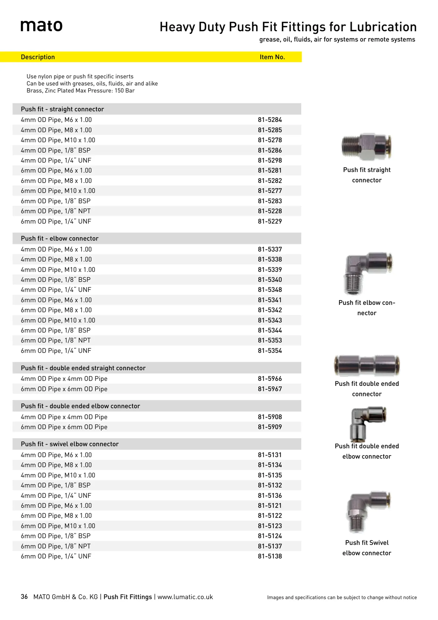 Catalogue page 36: Heavy Duty Push Fit Fittings for Lubrication