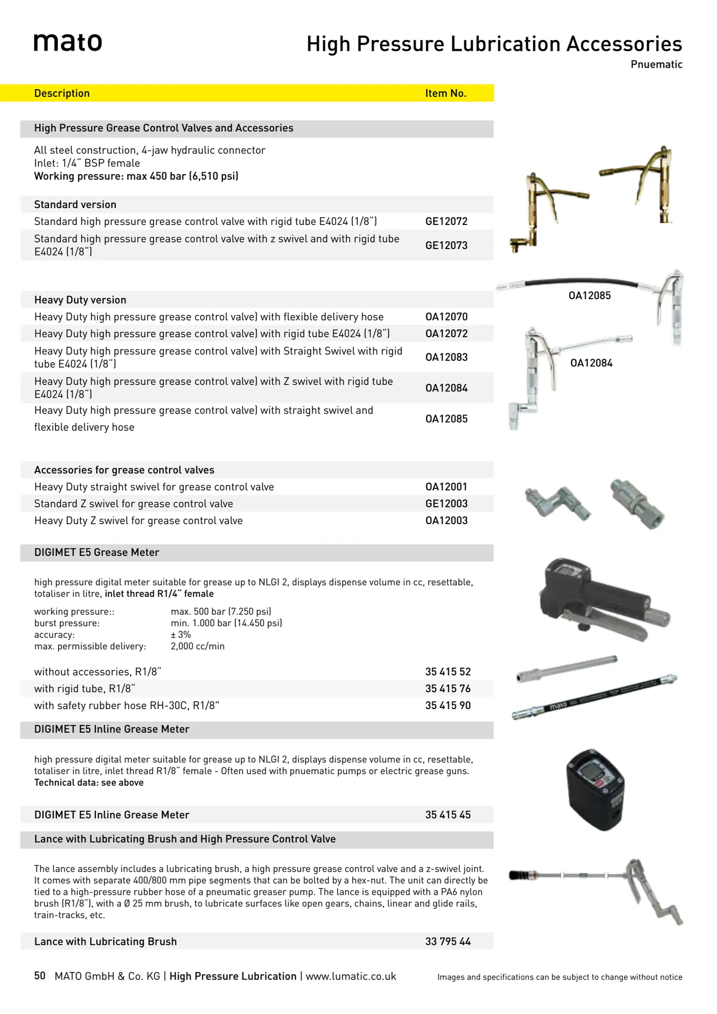 Catalogue page 50: High Pressure Lubrication Accessories