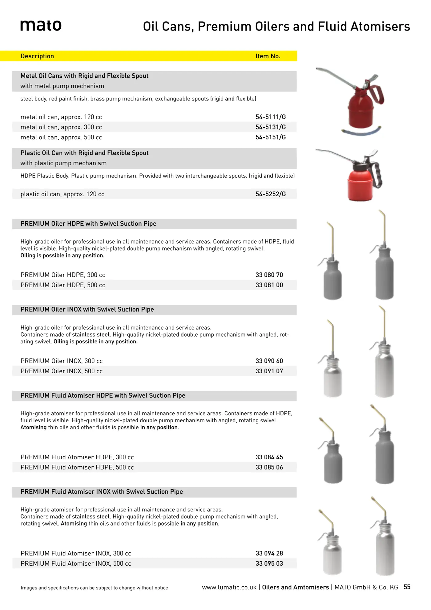 Catalogue page 55: Oil Cans, Premium Oilers and Fluid Atomisers