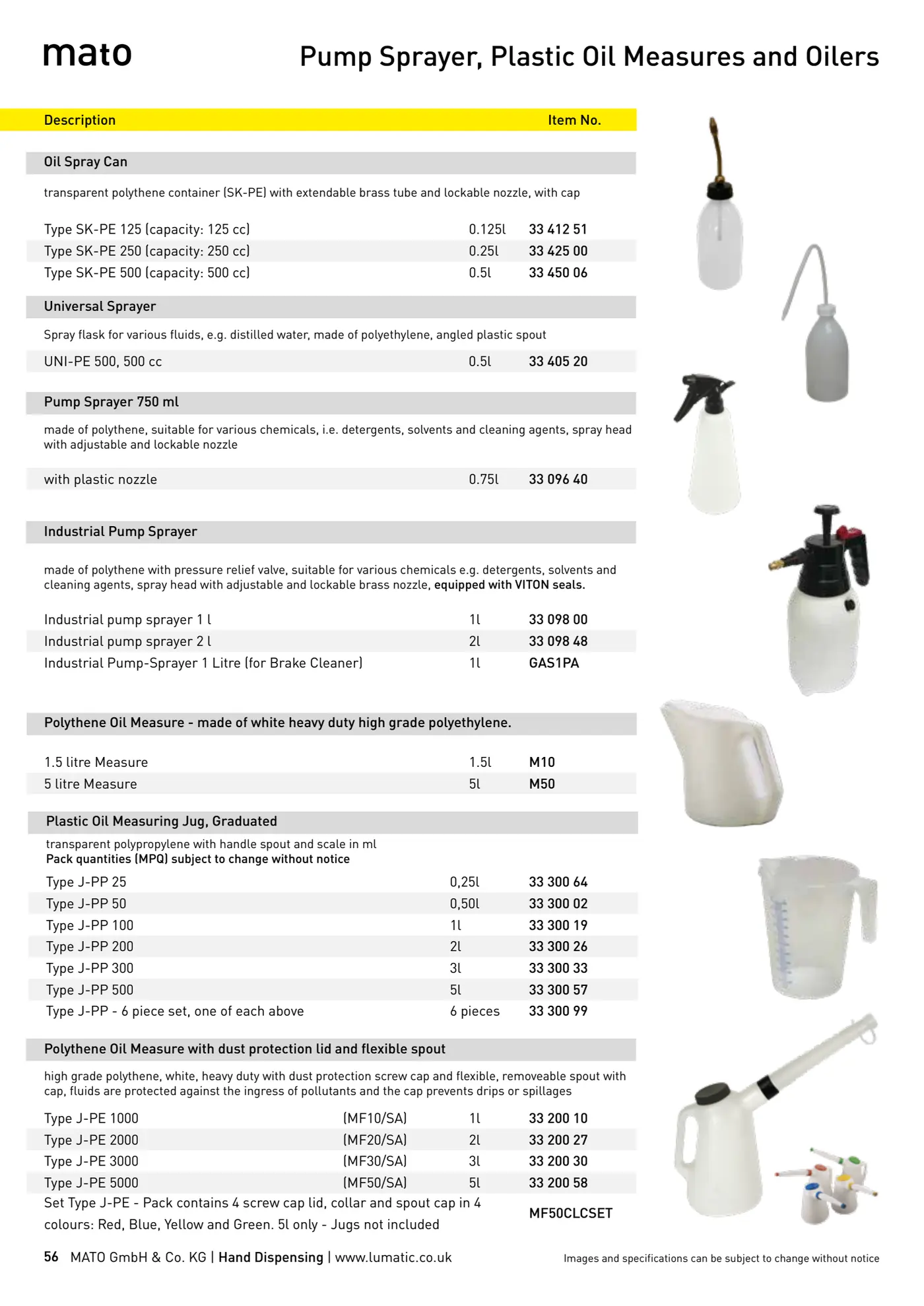 Catalogue page 56: Pump Sprayer, Plastic Oil Measures and Oilers