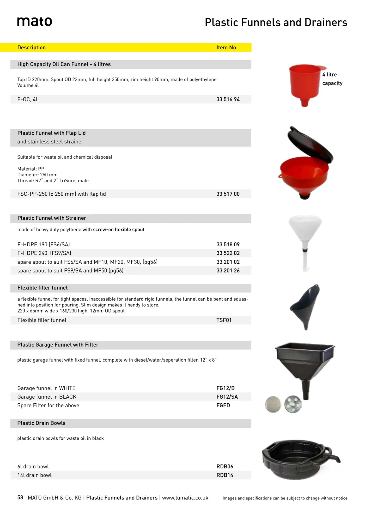 Catalogue page 58: Plastic Funnels and Drainers