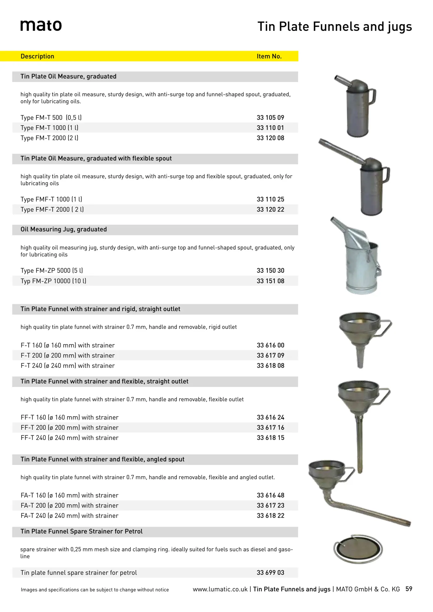 Catalogue page 59: Tin Plate Funnels and jugs