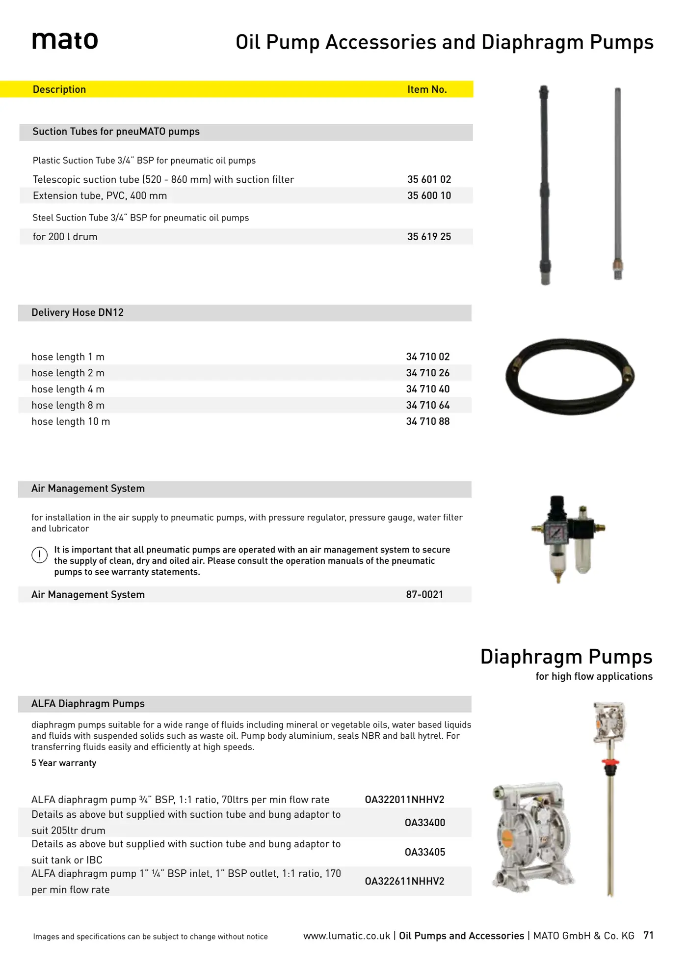 Catalogue page 71: Oil Pump Accessories and Diaphragm Pumps