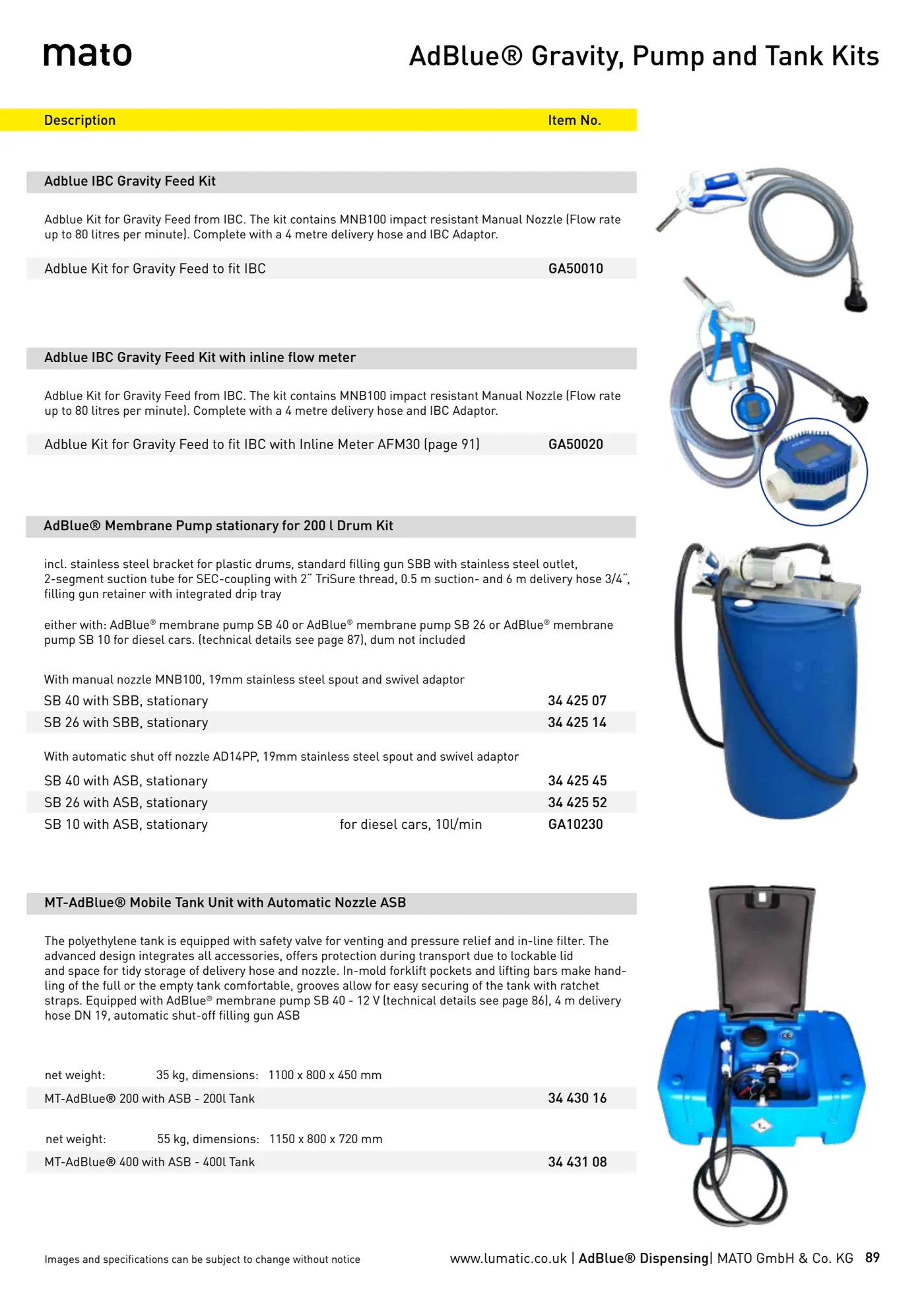 Catalogue page 89: AdBlue® Gravity, Pump and Tank Kits