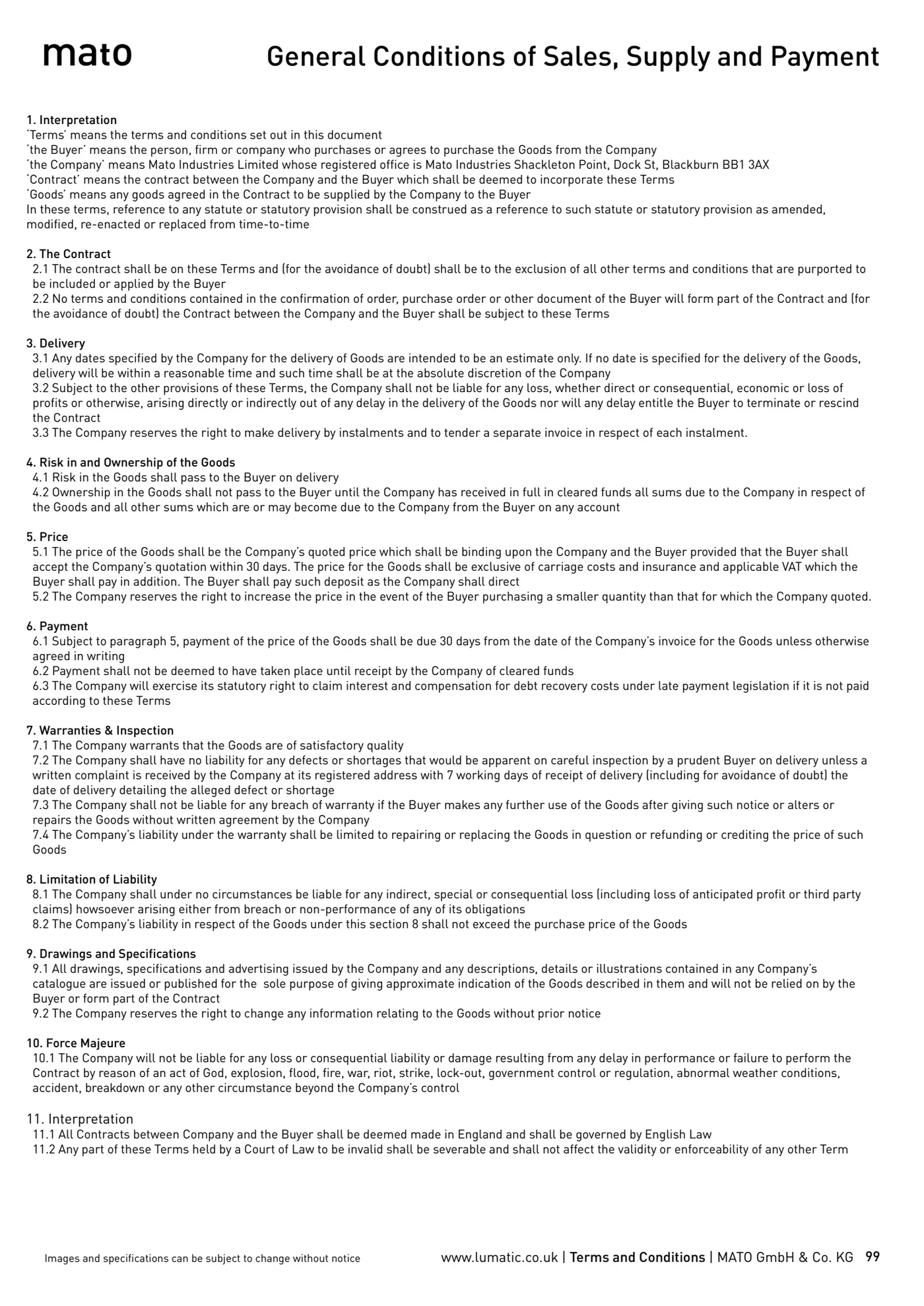 Catalogue page 99: General Conditions of Sales, Supply and Payment